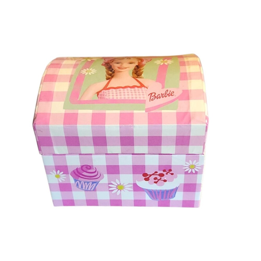 Mattel Barbie Cardboard Trinket/Recipe Box Pink Gingham Cupcakes 2002